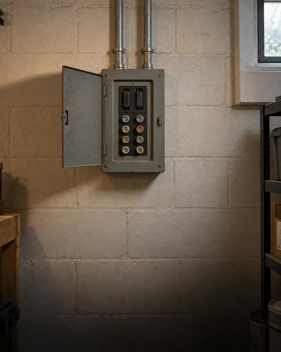 Illustration: an old fuse box with screw-in fuses, its door open on a painted basement wall.