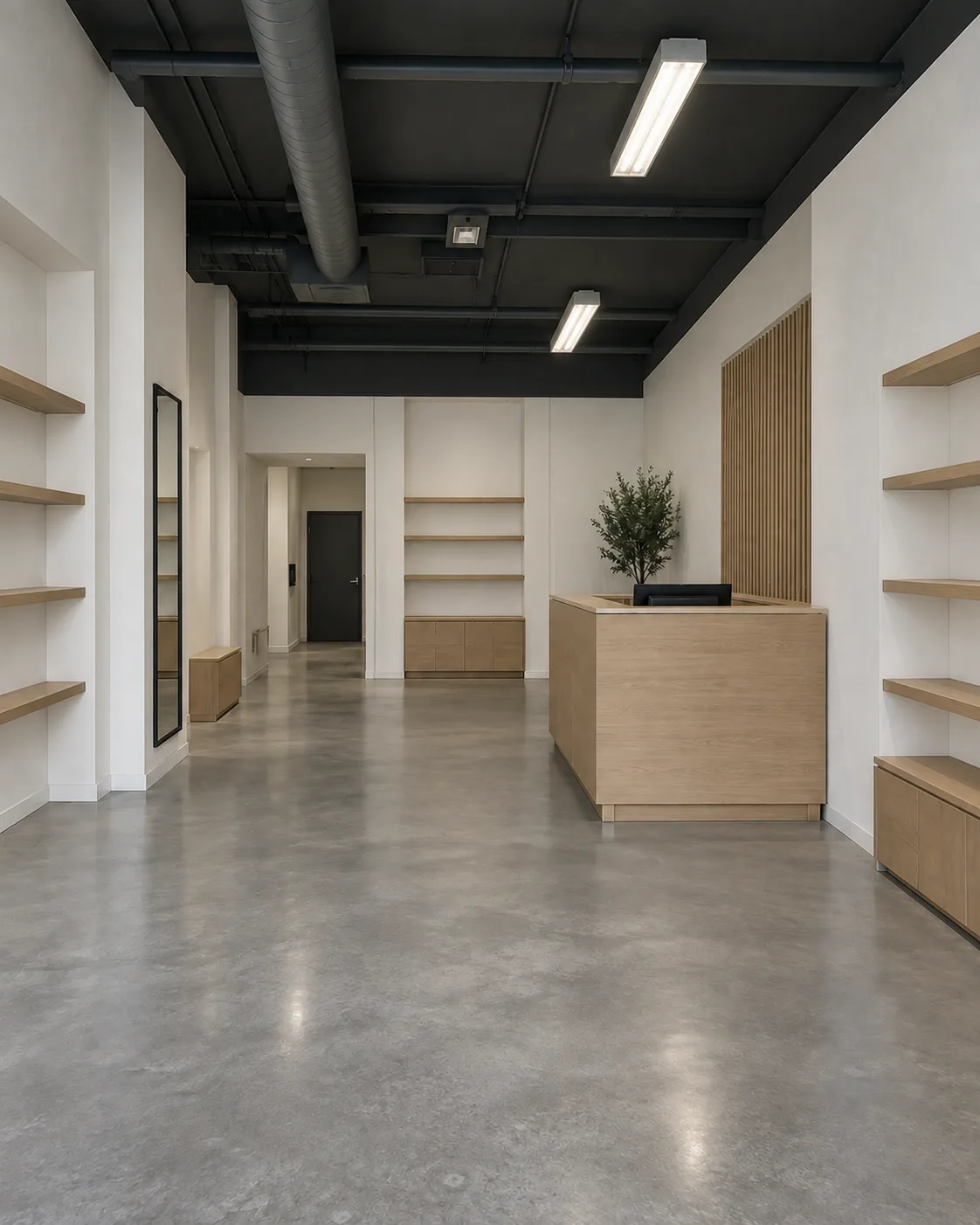 Illustration: an empty retail unit under two bare linear fittings on a black ceiling.