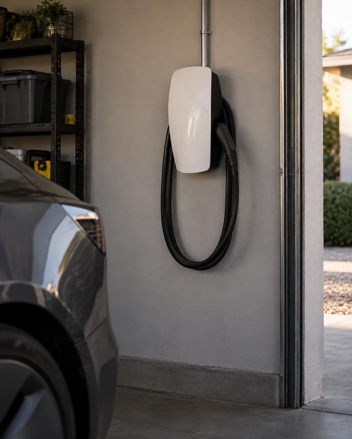 Illustration: a wall-mounted charger in a garage, its cable coiled and the connector docked.