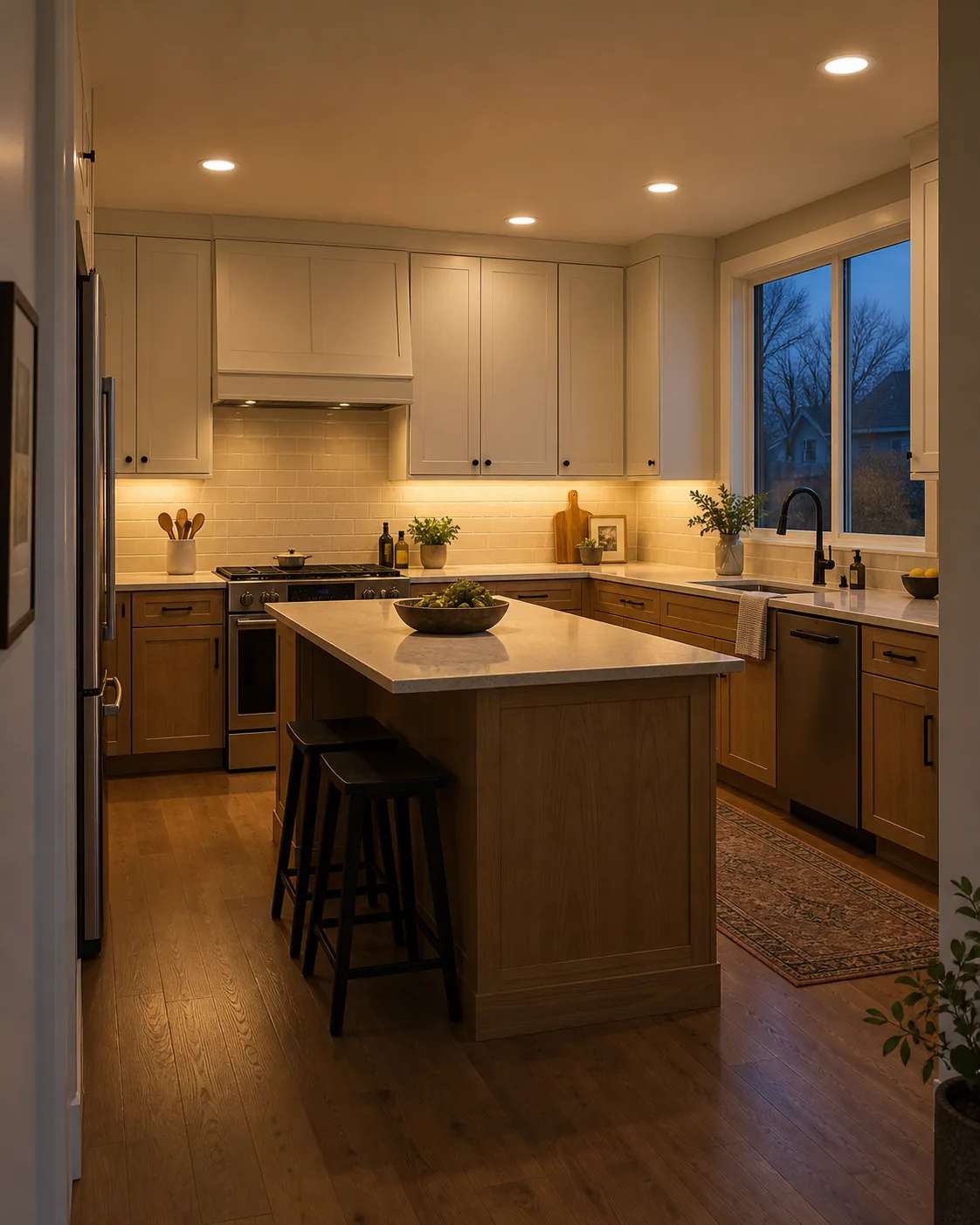 Illustration: a kitchen with recessed ceiling lights and under-cabinet lighting on.