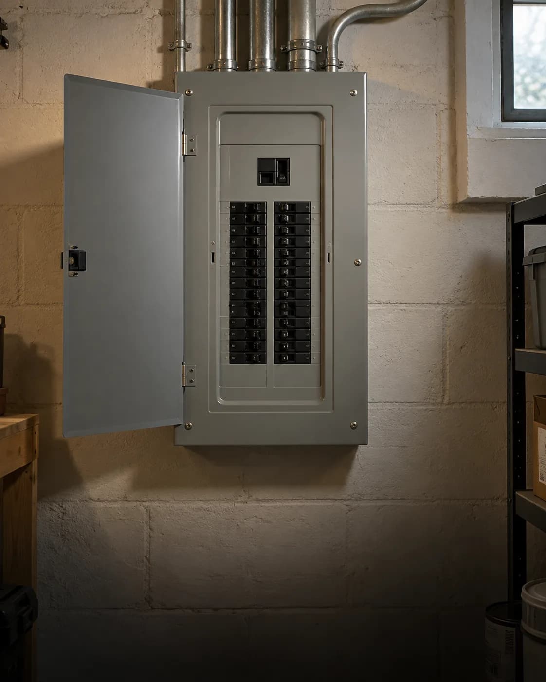 Illustration: a modern breaker panel on a painted basement wall.