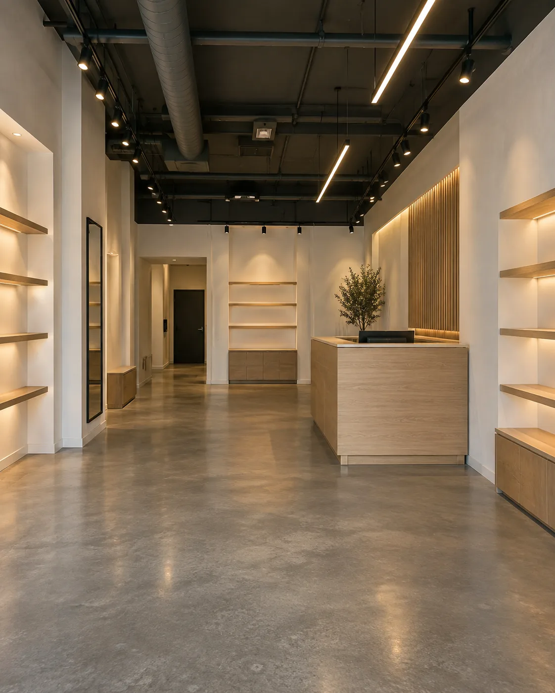 Illustration: a small retail unit fitted out with track spotlights and lit shelving.